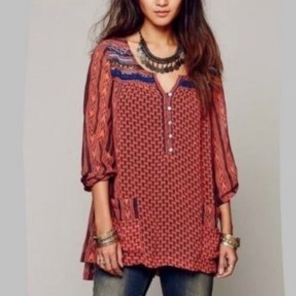 Free People Feather In The Wind Beaded Sheer Oversized Blouse Sz L
